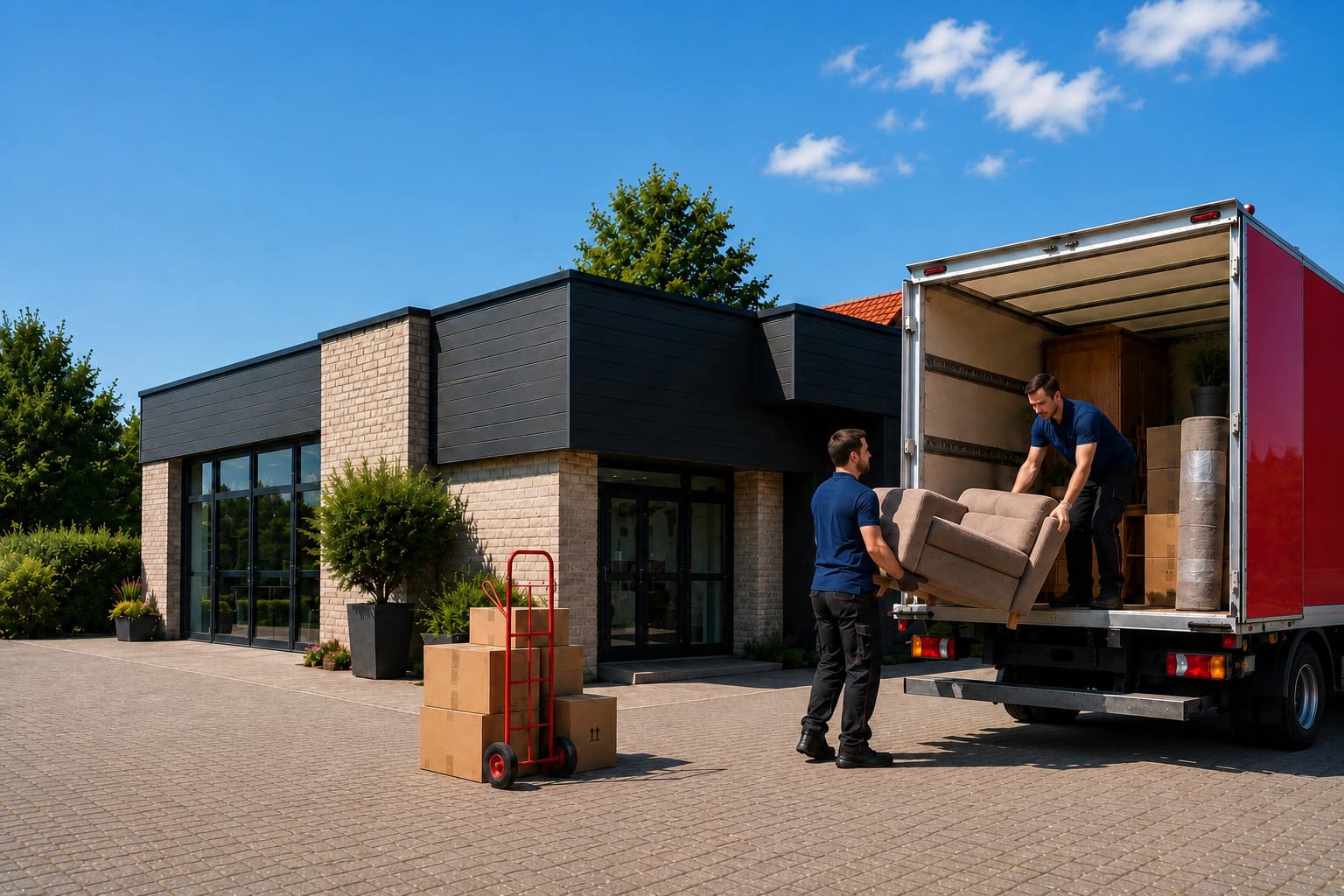 Zwei Mitarbeiter in roten Shirts verladen Möbel bei einer Haushaltsauflösung in einen Transporter